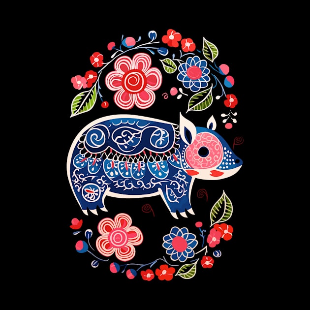 Polish Folk Art Design Cute Pig With Flowers by Piggy Boxer