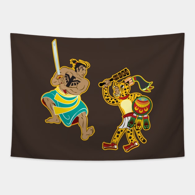 Aztec Samurai vs Jaguar Warrior Tapestry by mredthefed