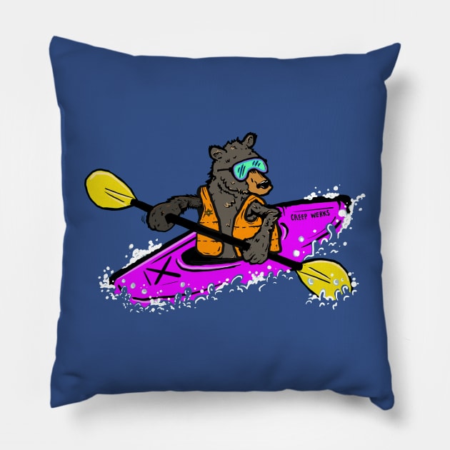 Black bear kayaking the Russian River, Bear in a Kayak Pillow by maroonbeard