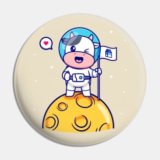 Cute Astronaut Cow Holding Flag Milk On The Moon Cartoon Pin