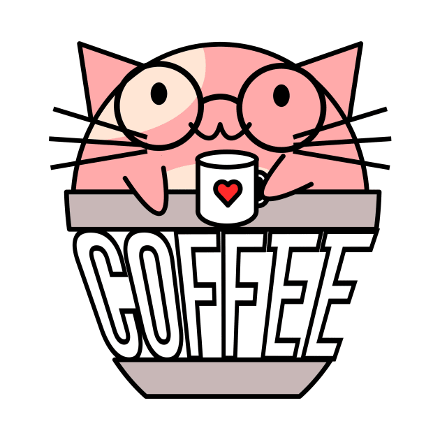Cat in coffee cup with warped text holding coffee cup with heart wearing glasses pink by coffeewithkitty