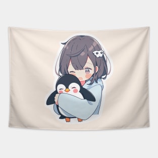 Adorable little girl hugging a penguin Tapestry