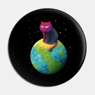 Unimpressed Cat Sitting on Top of the Planet Pin