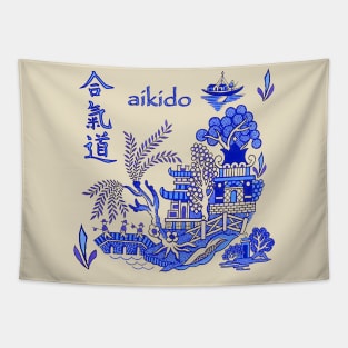 Ueshiba Aikido Castle Willow Scene - Martial Arts Tapestry