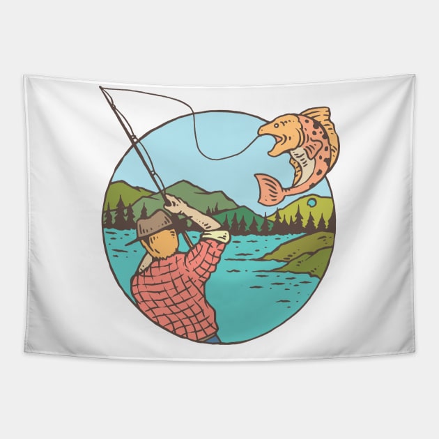 Fisherman Cartoon Catch Big Fish Tshirt Tapestry by evergreen_brand