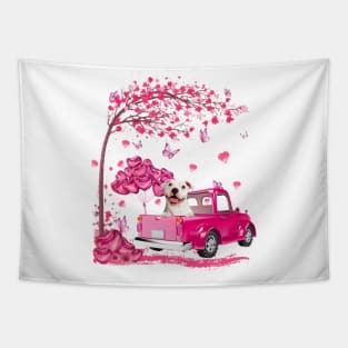 Valentine's Day Love Pickup Truck White Pitbulll Tapestry