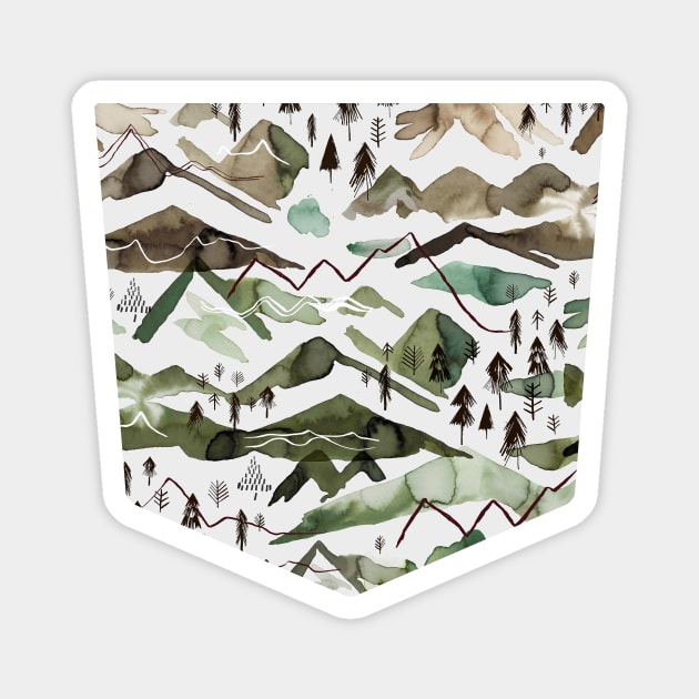 Pocket - WATERCOLOR MOUNTAINS GOLD GREEN Magnet by ninoladesign