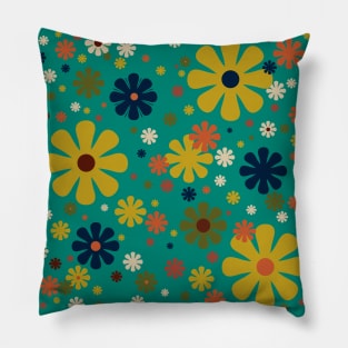 Flowerama - Retro Flower Power Pattern in Midcentury Modern Colours on Turquoise Teal Pillow