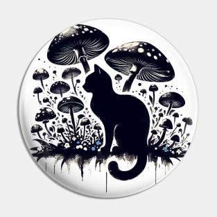 Funny Vintage Black Cat in Mushroom Garden Pin