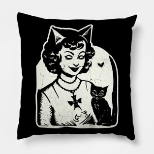 Vintage Halloween Girl and Black Cat Pillow