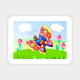 cartoon bright butterfly and flowers Magnet