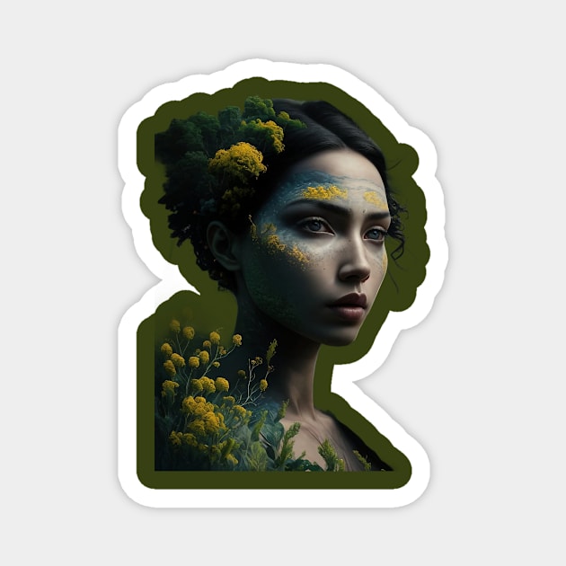 Angel Forest, head is adorned with green foliage and yellow flowers Magnet by animegirlnft