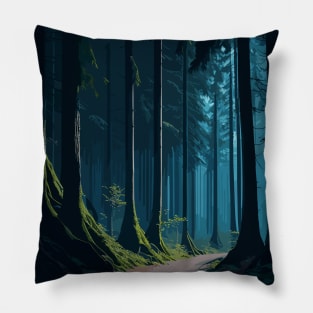 Dark forest road with trees and fog Pillow