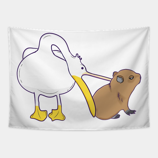 Pelican Tries to Eat Capybara Funny Cute Kawaii Meme Tapestry by alltheprints