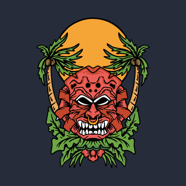 Retro Tiki Mask with Palm Trees & Sun by SLAG_Creative