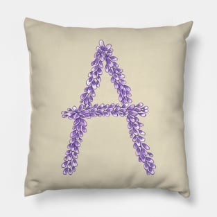 Lavender Letter A Hand Drawn in Watercolor and Ink Pillow