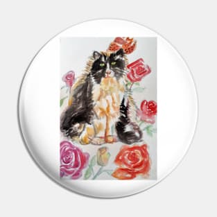 Tuxedo Cat Watercolor Painting and Roses Pin