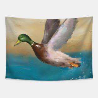 A Painting of a Duck Flying Above the Water Tapestry