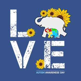 Autism Awareness Month Mama Baby Elephant Sunflower Love T-Shirt