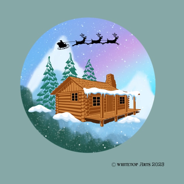 Santa and Reindeer Flying Over A Cabin in the Woods by Whitetop Arts