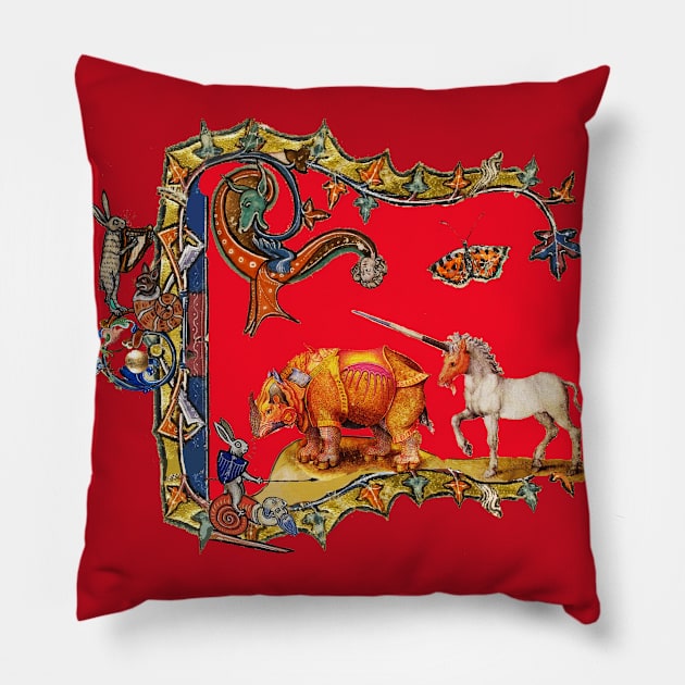 WEIRD MEDIEVAL BESTIARY IN RED ,DRAGON,UNICORN,RHINO AND KILLER RABBIT Pillow by BulganLumini