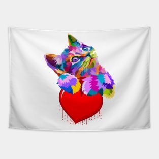 Cute Colorful Cat Hugging Dripping Heart Tapestry