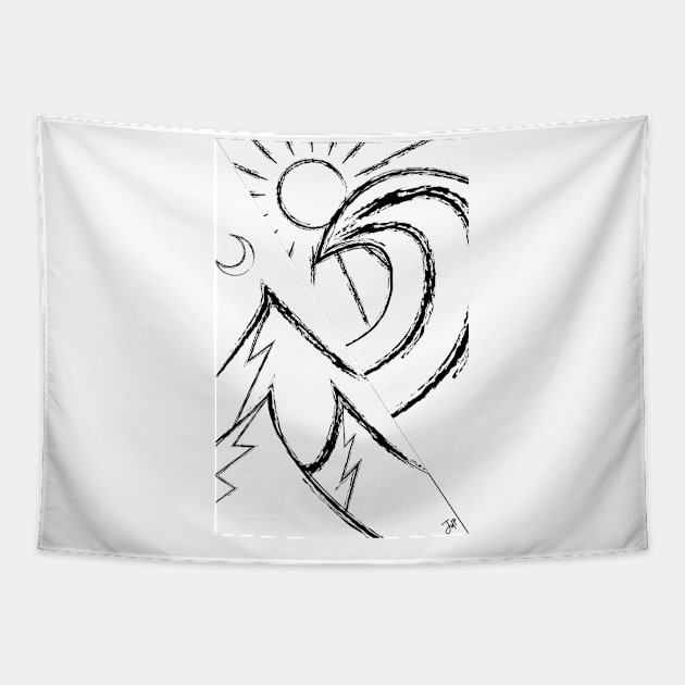 mountains at night on one side, the sunny beach with surf on the other black lines white background Tapestry by JDP Designs