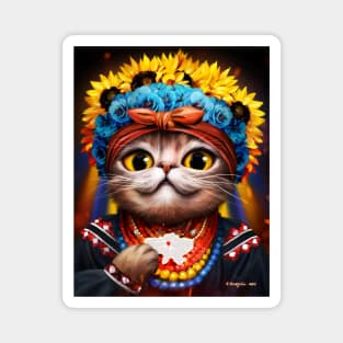 Cute Ukrainian cat patriot in the wreath of flowers Magnet