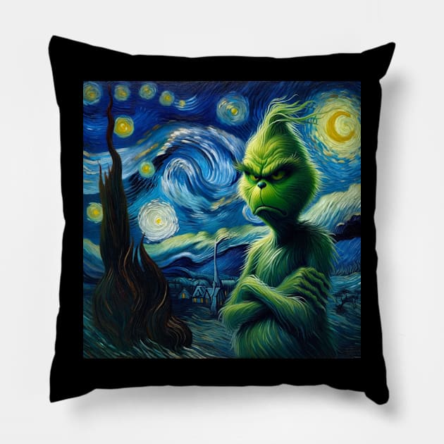 Whimsical Night: Mischievous Green Character - Starry Night Inspired Holiday Art Pillow by Edd Paint Something
