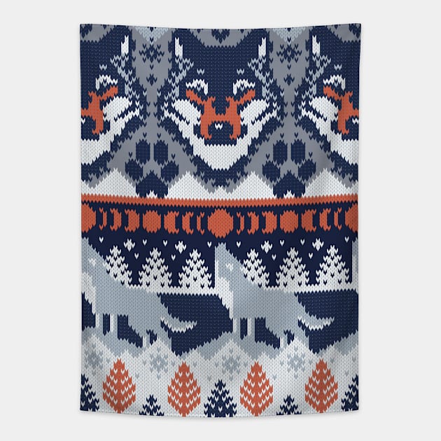 Fair isle knitting grey wolf // pattern // navy blue and grey wolves orange moons and pine trees Tapestry by SelmaCardoso