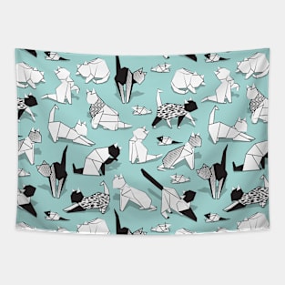 Origami kitten friends // pattern // aqua background paper cats Tapestry