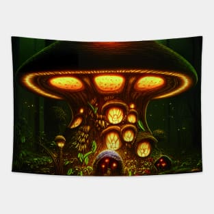 Magical Big Cottage Mushroom House with Lights in Forest with High Trees, Mushroom Aesthetic Tapestry