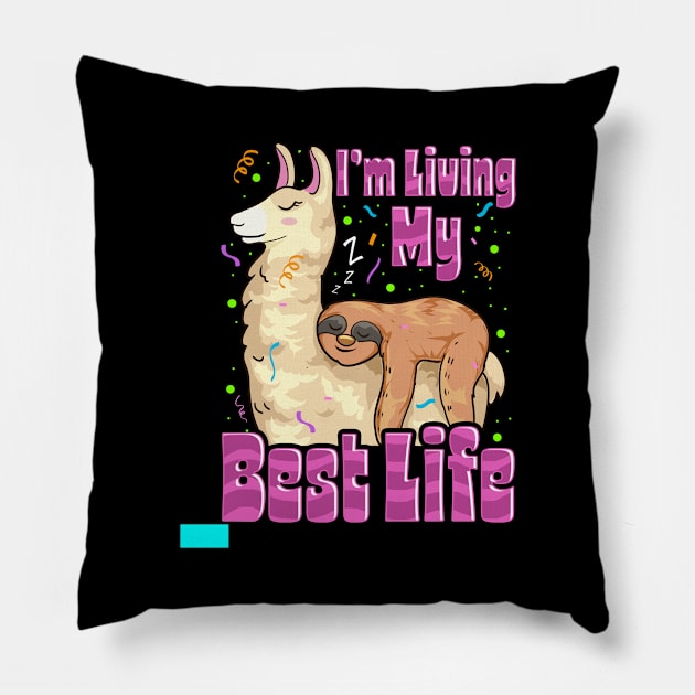 Cute Sloth & Llama Living My Best Life Napping Pun Pillow by theperfectpresents