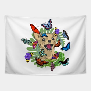 happy puppy and butterflies Tapestry