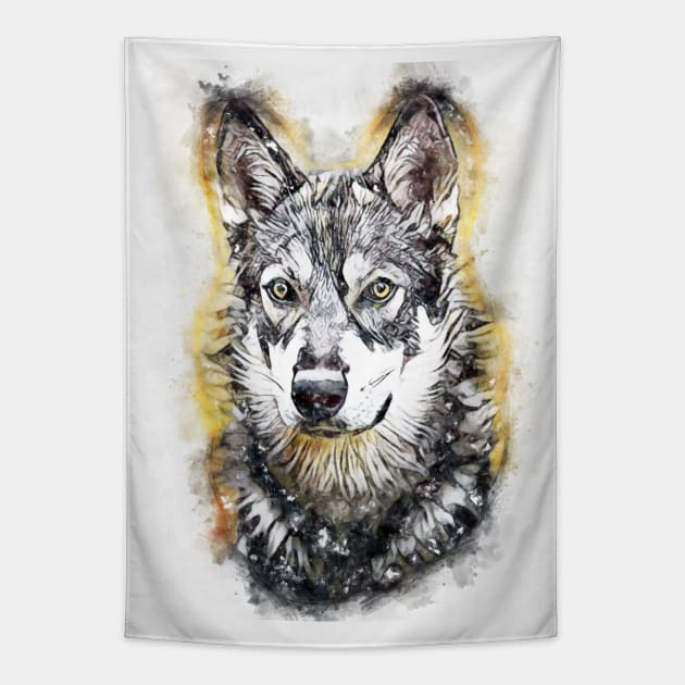 American Alsatian / Dire Wolf Watercolor Abstract Portrait Tapestry by Naumovski