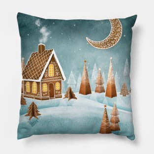 Gingerbread house moon and trees watercolor illustration. Fantasy candy world Christmas decorations. Snow hills. Magic winter forest Pillow