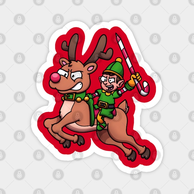 Christmas Elf Riding Flying Reindeer Magnet by TheMaskedTooner