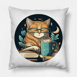 Happy Cat Reading Book - Coffee Cat Cute Kitten Pillow