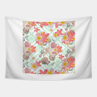 Modern tropical flowers seashells geometric design Tapestry