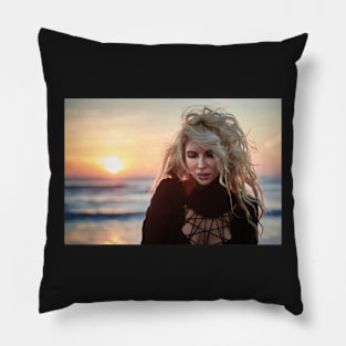 Beautiful woman on the beach at sunrise Pillow