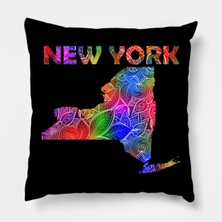 Colorful mandala art map of New York with text in multicolor pattern Pillow