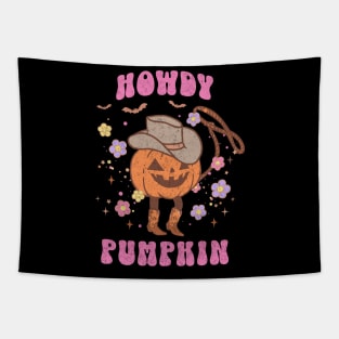 Western Halloween Howdy Pumpkin Pink Jack O Lantern Retro Cowboy Dark Tapestry