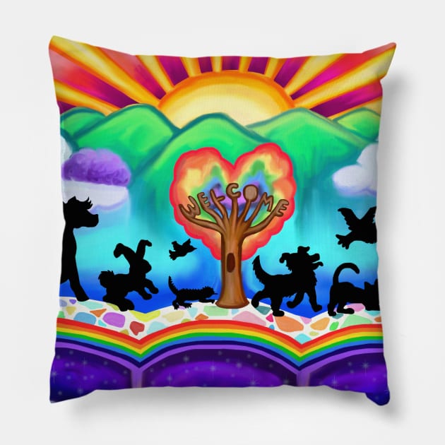 Pets Arrival at the Rainbow Bridge Pillow by Art by Deborah Camp