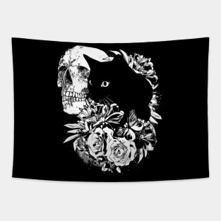 Skull and Black cat with peony, skeleton with flowers, black and white drawing Tapestry