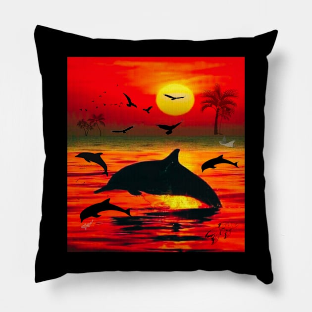 Dolphins And Birds At Sunset Pillow by The Global Worker