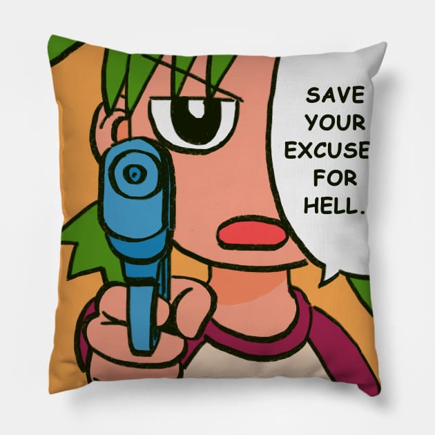 water gun yotsuba says save your excuses for hell meme Pillow by mudwizard