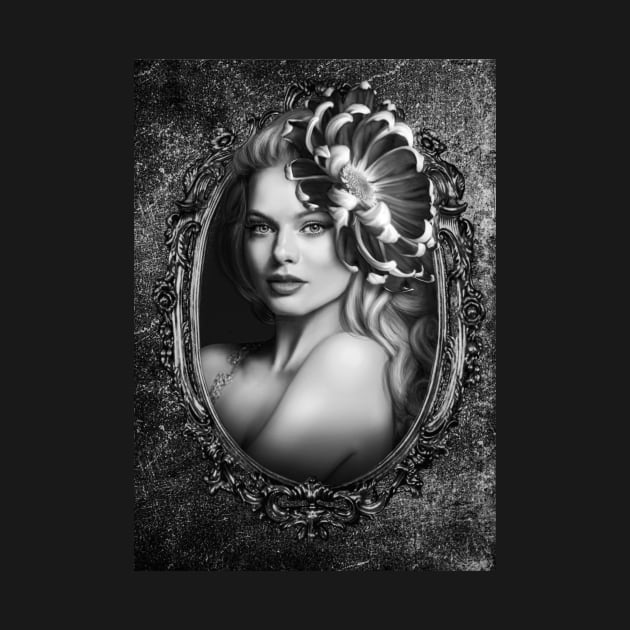 Black and white beautiful girl portrait gray flower dark lips digital artwork by Relaxing Art Shop