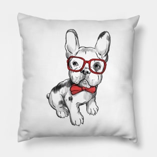 French Bulldog Hand Drawn Red Ribbon & Glasses Pillow