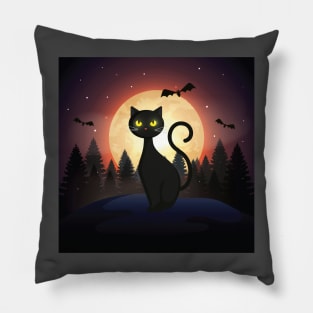 a cat and an owl - black cat - midnight Pillow