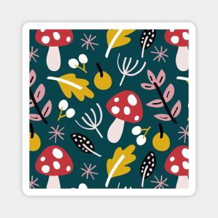 Leaves and mushroom pattern - red, yellow and pink on green Magnet